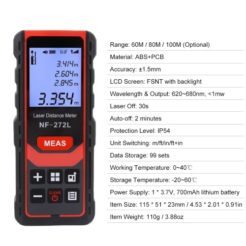 

80m/262ft Rechargeable Laser Distance Meter Handheld Palm Size Distance Finder High Precision Laser Distance Measure Tool Digital LCD Range Finder with Electronic Horizontal Bubble Broadcast 99 Sets of Data Record