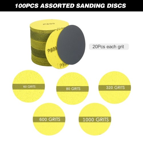 4.5in Assorted Sanding Discs 60/120/320/600/1000 Grits 100 Pack Hook and Loop Sander Disc Silicon Carbide Sandpaper for Power Sander Polisher Angle Grinder