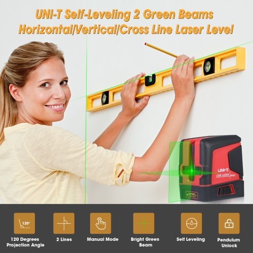 

UNI-T 2 Line Laser Level Meter Self-Leveling 2 Green Beams Horizontal/Vertical/Cross Line Laser Level Tool with Magnetic Mount