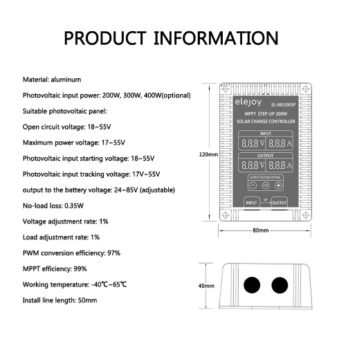 

200W Step-up MPPT Real-time Tracking Function LED Display Solar Power Supplys Battery Recharging Controller 24~85V Output Voltage Adjustable IP66 Waterproof Dustproof Grade Overheating Short Circuit Input Undervoltage Overcurrent Protections Function