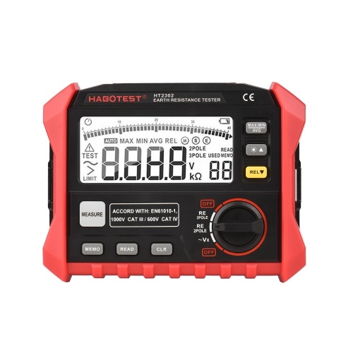 HABOTEST HT2302 testeur de résistance à la terre numérique 0 Ohm à 4K Ohm 100 groupes de stockage de données écran LCD rétro-éclairage avec étui de transport