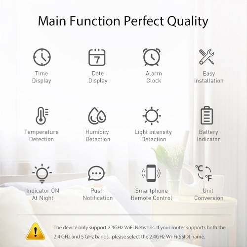 Tuya WiFi Temperature Humidity Light Detection Alarm Clock 4 In 1 Intelligent Sensors Home Household Desk Bedroom Living Room Temerature Humidity Sensors Time Date Display Mobilephone APP Remote Checking 