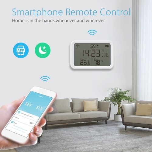 Tuya WiFi Temperature Humidity Light Detection Alarm Clock 4 In 1 Intelligent Sensors Home Household Desk Bedroom Living Room Temerature Humidity Sensors Time Date Display Mobilephone APP Remote Checking 