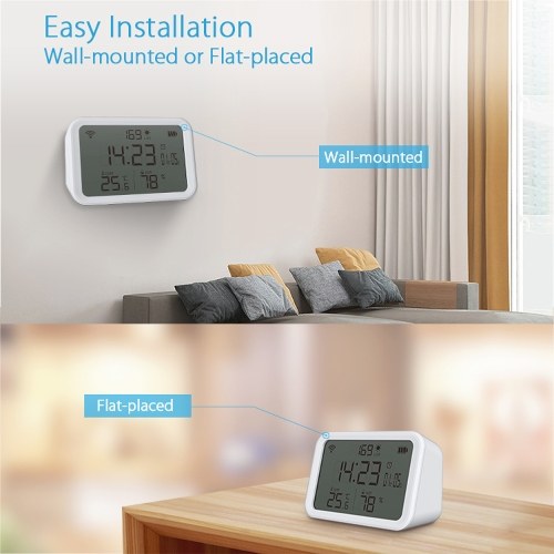 Tuya WiFi Temperature Humidity Light Detection Alarm Clock 4 In 1 Intelligent Sensors Home Household Desk Bedroom Living Room Temerature Humidity Sensors Time Date Display Mobilephone APP Remote Checking 
