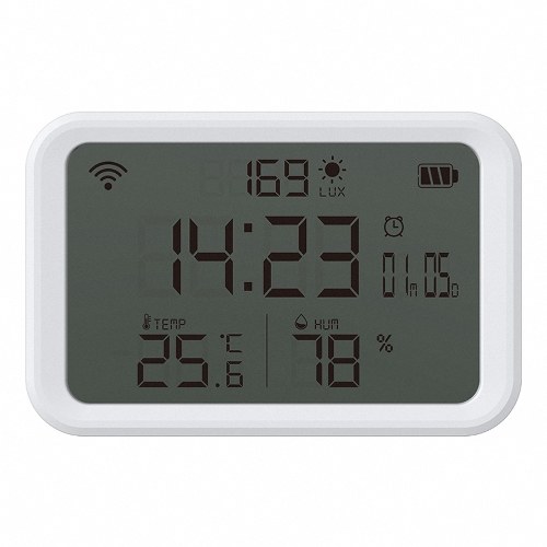 Tuya WiFi Temperature Humidity Light Detection Alarm Clock 4 In 1 Intelligent Sensors Home Household Desk Bedroom Living Room Temerature Humidity Sensors Time Date Display Mobilephone APP Remote Checking 