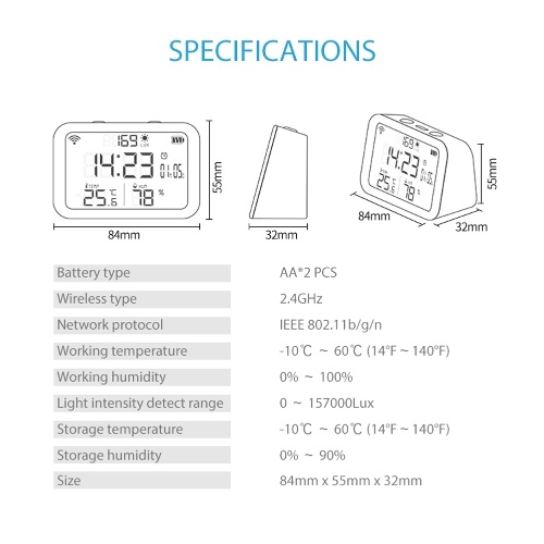 Tuya WiFi Temperature Humidity Light Detection Alarm Clock 4 In 1 Intelligent Sensors Home Household Desk Bedroom Living Room Temerature Humidity Sensors Time Date Display Mobilephone APP Remote Checking 