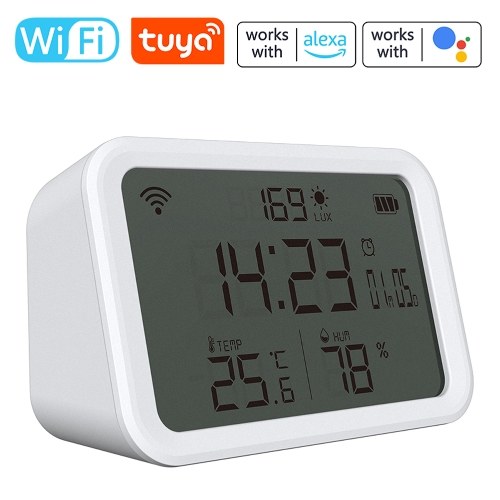 Tuya WiFi Temperature Humidity Light Detection Alarm Clock 4 In 1 Intelligent Sensors Home Household Desk Bedroom Living Room Temerature Humidity Sensors Time Date Display Mobilephone APP Remote Checking 