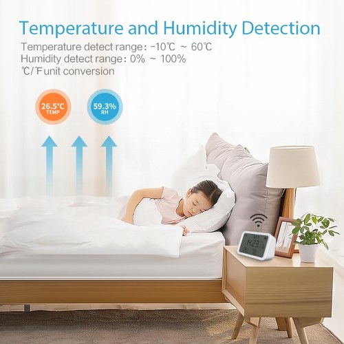 Tuya WiFi Temperature Humidity Light Detection Alarm Clock 4 In 1 Intelligent Sensors Home Household Desk Bedroom Living Room Temerature Humidity Sensors Time Date Display Mobilephone APP Remote Checking 