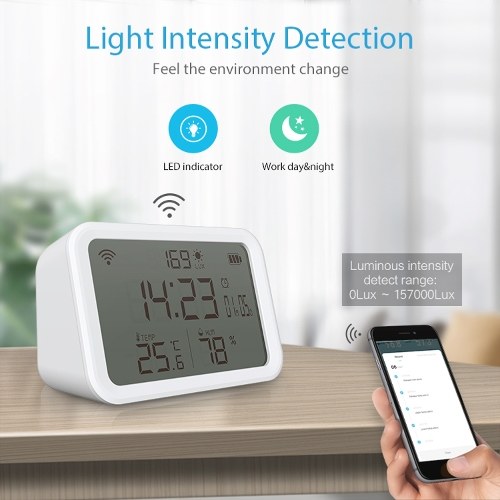 Tuya WiFi Temperature Humidity Light Detection Alarm Clock 4 In 1 Intelligent Sensors Home Household Desk Bedroom Living Room Temerature Humidity Sensors Time Date Display Mobilephone APP Remote Checking 