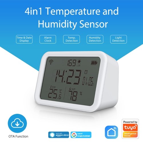 Tuya WiFi Temperature Humidity Light Detection Alarm Clock 4 In 1 Intelligent Sensors Home Household Desk Bedroom Living Room Temerature Humidity Sensors Time Date Display Mobilephone APP Remote Checking 