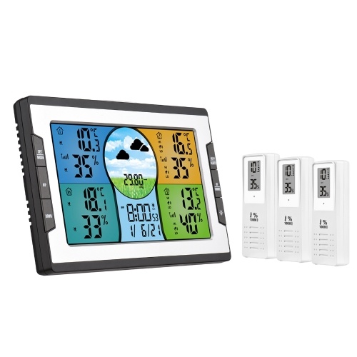 Digital Weather Station with 3 Remote Sensors 328ft/ 100m Indoor Outdoor Temperature Humidity Monitor Alarm Clock with Snooze Thermohygrometer with Weather Forecast/ Pressure/ Backlight/ Date/ Week/ Alarm Function for Home Office Greenhouse Warehouse 