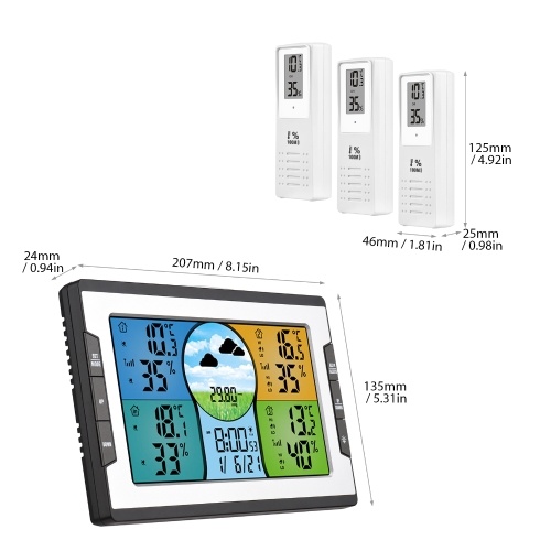 Digital Weather Station with 3 Remote Sensors 328ft/ 100m Indoor Outdoor Temperature Humidity Monitor Alarm Clock with Snooze Thermohygrometer with Weather Forecast/ Pressure/ Backlight/ Date/ Week/ Alarm Function for Home Office Greenhouse Warehouse 