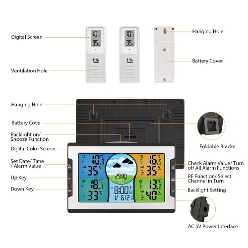 Digital Weather Station with 3 Remote Sensors 328ft/ 100m Indoor Outdoor Temperature Humidity Monitor Alarm Clock with Snooze Thermohygrometer with Weather Forecast/ Pressure/ Backlight/ Date/ Week/ Alarm Function for Home Office Greenhouse Warehouse 
