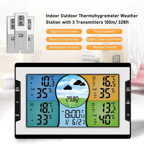 Digital Weather Station with 3 Remote Sensors 328ft/ 100m Indoor Outdoor Temperature Humidity Monitor Alarm Clock with Snooze Thermohygrometer with Weather Forecast/ Pressure/ Backlight/ Date/ Week/ Alarm Function for Home Office Greenhouse Warehouse 
