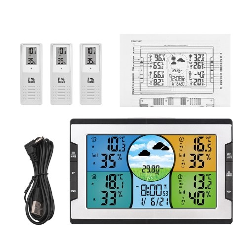 Digital Weather Station with 3 Remote Sensors 328ft/ 100m Indoor Outdoor Temperature Humidity Monitor Alarm Clock with Snooze Thermohygrometer with Weather Forecast/ Pressure/ Backlight/ Date/ Week/ Alarm Function for Home Office Greenhouse Warehouse 