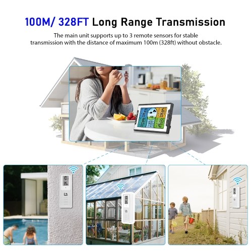 Digital Weather Station with 3 Remote Sensors 328ft/ 100m Indoor Outdoor Temperature Humidity Monitor Alarm Clock with Snooze Thermohygrometer with Weather Forecast/ Pressure/ Backlight/ Date/ Week/ Alarm Function for Home Office Greenhouse Warehouse 