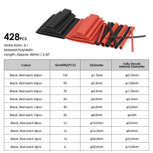 428pcs Black Red Shrinkable Tube Polyolefin Halogen-Free Heat Shrink Tubing Electrical Equipment Tube Sleeving Wrap Wire Cable Sleeve Kit Shrink Ratio 2:1 φ1.5-φ30mm