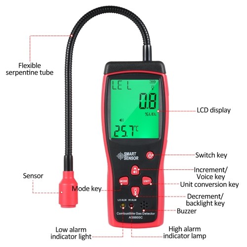 SMART SENSOR Handheld Combustible Gases Leak Detector Natural Gases Leakage Tester Portable Combustible Gases Concentration Analyzer Meter with Temperature Test and Sound Light Alarm Function