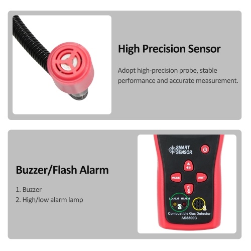 SMART SENSOR Handheld Combustible Gases Leak Detector Natural Gases Leakage Tester Portable Combustible Gases Concentration Analyzer Meter with Temperature Test and Sound Light Alarm Function
