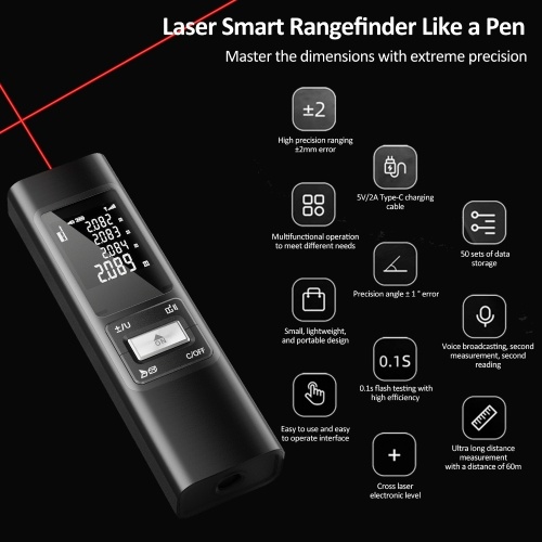 S60 Laser Distance Meter 60M Handheld Rangefinder ±2mm High Precision Digital Mini Distance Measuring Meter Indoor Rechargeable Electronic Space Measurement Device for Length Area Volume with Aluminium alloy Shell, 0.1s Measuring Speed 