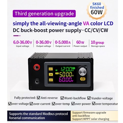 Digital Direct Current Voltage Regulator Powersupply Module Full Viewing Angle VA Color LCD Display Support Firmware Upgrading Maximum Power Point Tracking Solar Charging and Serial Communication Protocol 