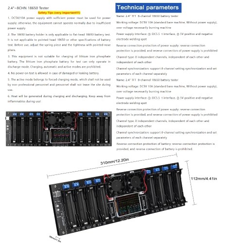 8-Channel 18650 Battery Tester 2.4inch TFT Display Battery Capacity Testing with Multi-Mode Functionality Enhanced Safety, and Intuitive Displaying 