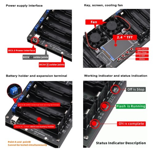 8-Channel 18650 Battery Tester 2.4inch TFT Display Battery Capacity Testing with Multi-Mode Functionality Enhanced Safety, and Intuitive Displaying 