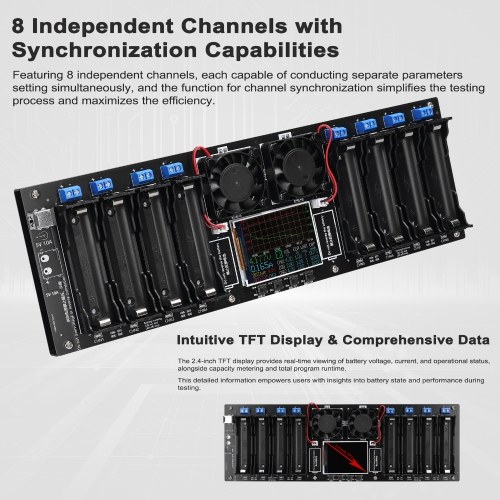 8-Channel 18650 Battery Tester 2.4inch TFT Display Battery Capacity Testing with Multi-Mode Functionality Enhanced Safety, and Intuitive Displaying 