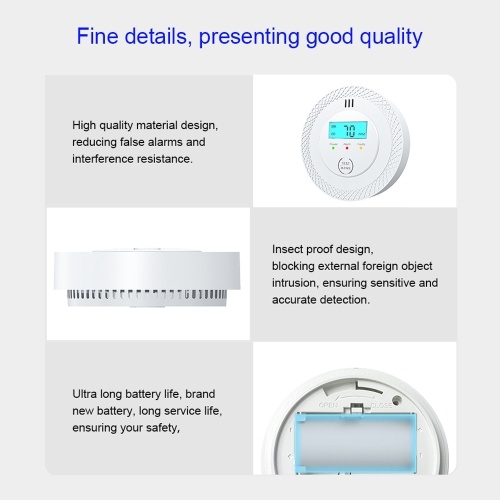 Carbon Monoxide Detector Battery-Operated Digital CO Alarm with Backlit LCD Display and LED Indicators for Home Kitchen Bathroom Warehouse 
