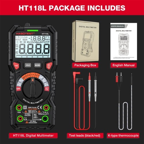 HABOTEST HT118L Digital Multimeter 6000 Counts True RMS AC/DC Current NCV Live Wire Detection Transistor Tester Voltmeter Capacitance Meter 