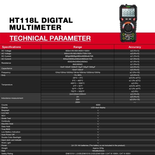 HABOTEST HT118L Digital Multimeter 6000 Counts True RMS AC/DC Current NCV Live Wire Detection Transistor Tester Voltmeter Capacitance Meter 