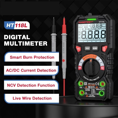 HABOTEST HT118L Digital Multimeter 6000 Counts True RMS AC/DC Current NCV Live Wire Detection Transistor Tester Voltmeter Capacitance Meter 