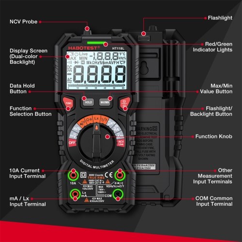 HABOTEST HT118L Digital Multimeter 6000 Counts True RMS AC/DC Current NCV Live Wire Detection Transistor Tester Voltmeter Capacitance Meter 