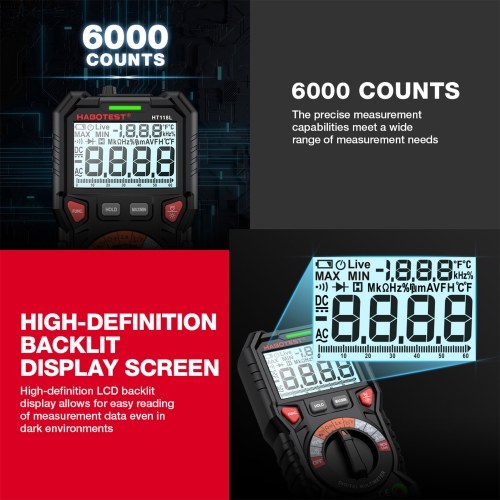 HABOTEST HT118L Digital Multimeter 6000 Counts True RMS AC/DC Current NCV Live Wire Detection Transistor Tester Voltmeter Capacitance Meter 