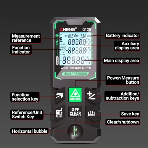 ANENG G120 Smart High-Precision Laser Rangefinder Green Laser Distance Meter 30 Set of Data Storage Autonomous Calibration Multi-function Tool 