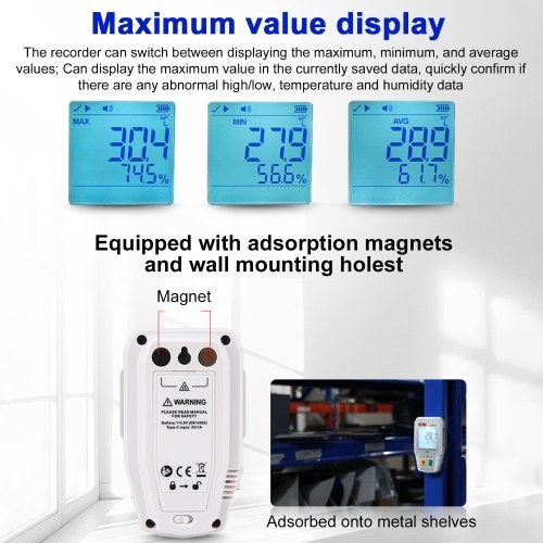 BT Temperature Humidity Data Logger Smart Thermometer Hygrometer 64000 Measurement Data Storage High-precision Sound and Light Alarm IP54 Waterproof Temperature Humidity Sensor 