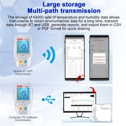 BT Temperature Humidity Data Logger Smart Thermometer Hygrometer 64000 Measurement Data Storage High-precision Sound and Light Alarm IP54 Waterproof Temperature Humidity Sensor 
