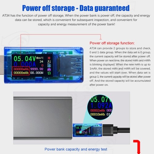 

AT34 USB3.0 Color LCD Display Voltage Current Meter Multifunctional USB Tester