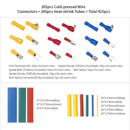 425pcs Assorted Cold-pressed Wire Connectors with Heat Shrink Tubing Kit