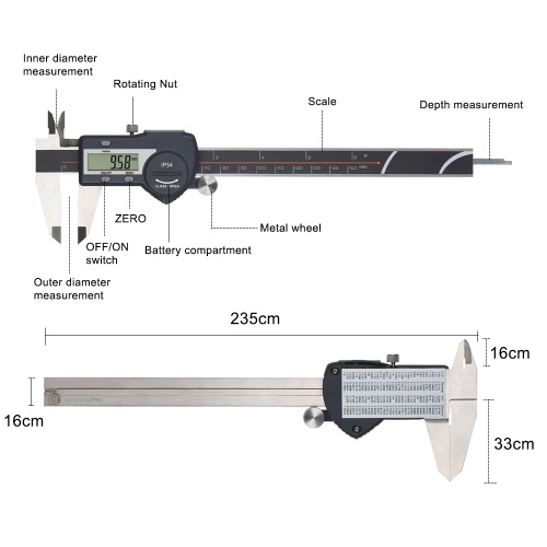 

Digital Stainless Steel Caliper mm/inch High Precision LCD Display Vernier Caliper IP54 Waterproof 0-150mm