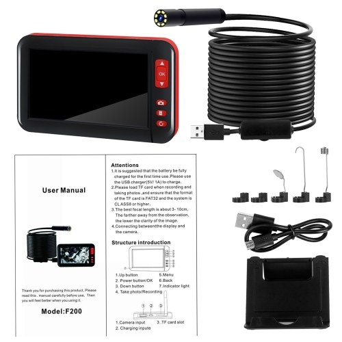 

F200 4.3 Inch High-definition 1080P Display Screen Endoscope Industrial Home Endoscopes with 8 Adjustable Brightness LEDs 8mm Camera Diameter