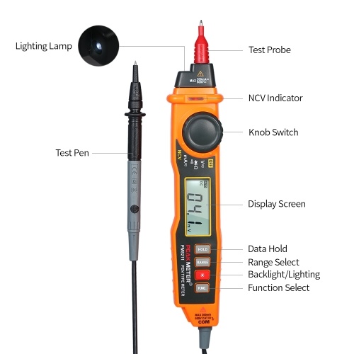 

PEAKMETER Handheld Multimeter Backlight LCD Display Pen Type Digital Multimeter DC/AC Voltage Current Meter with NCV and Auto Ranging Resistance Diode Continuity Tester