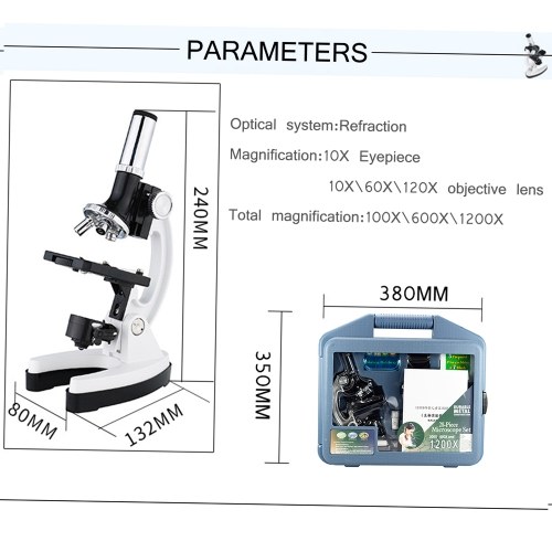 

Microscope Set with Accessories Kit 100X-1200X Children Kids Students All-Metal Microscope Biology Biological Science Scientific Lab Experiment Microorganism Microscopic Magnifier