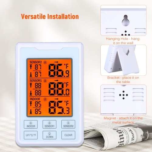 

Wireless Indoor Outdoor Temperature Meter 3-channel LCD Display Orange Backlight Thermometer Digital Temperature Monitor with 2 Outdoor Transmitters