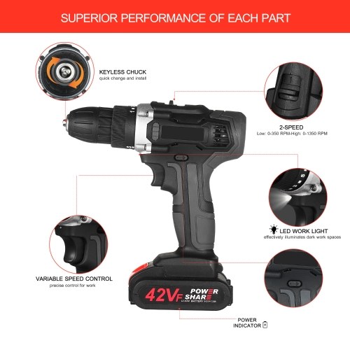 

21V Cordless Drill Dirve Kit 2 Speed All Copper Cordless Power Drill with 2x1.5Ah Batteries Fast Charger 15+1 Torque Setting Max Torque 30N.m 3/8