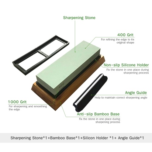 

Knife Sharpening Stone Sharpener 2 Side Grit 400/1000 Whetstone with Non-slip Silicon Holder Bamboo Base Angle Guide Sharpener Tool Kit for Kitchen 18*6*3cm