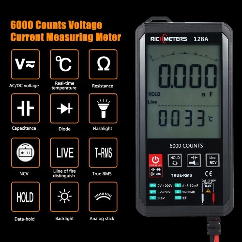 

RICHMETERS Digital Multimeter 6000 Counts True-RMS Auto Ranging AC/DC Voltage Temperature Measuring Meter Flash Light Backlight Large Screen