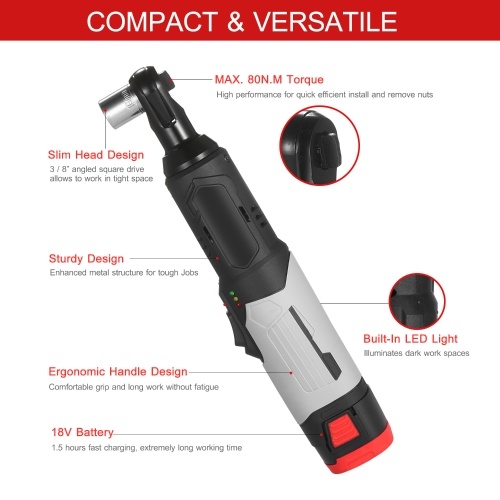 

Cordless Electric Ratchet Wrench 3/8inch 80N.M 240RPM 18V Power Ratchet Wrench Kit with a 6.0Ah Lithium-Ion Battery and Fast Charger 6pcs Metric Socket