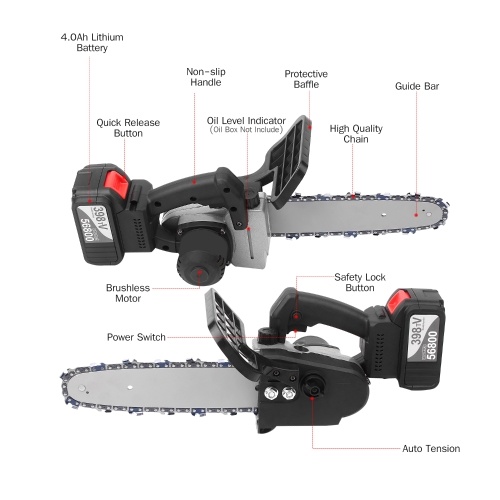 

21V Brushless Cordless Chain Saw 4-Ah Battery Fast Charger Included Auto-Tension 10-Inch Portable Electric Pruning Saw Kit with Carry Box for Tree Felling and Firewood Cutting