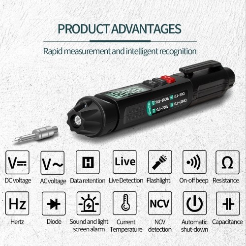 ANENG A3007 Pen Multimeter 6000 Counts Digital Multimeter Meter Tester with LCD Display Backlight Flashlight NCV Auto-off Multiple Accessories for Voltage Current Resistance Capacitance Diode Continuity Test 